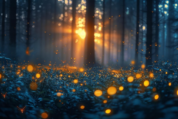 A group of fireflies at dusk their lights blinking in a magical display