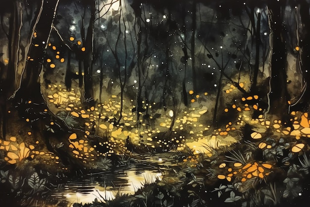 A group of fireflies lighting up a forest at night digital art illustration