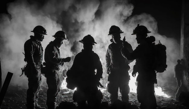 A group of firemen are standing around a fire.