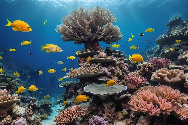 Group of fish swimming in coral reef in underwater natural environment