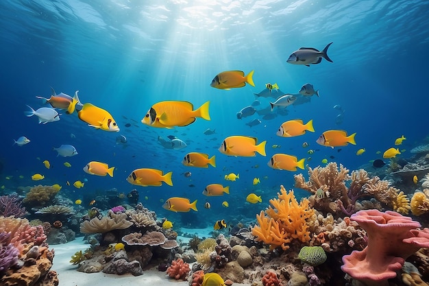 Group of fish swimming in coral reef in underwater natural environment