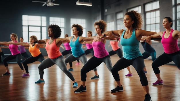 Photo group fitness class doing aerobics with energetic moves