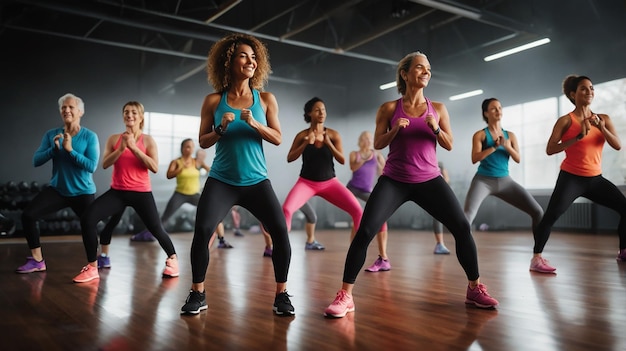 Photo group fitness class doing aerobics with energetic moves