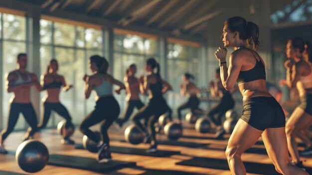 Group Fitness Class in Session Community Workout with Exercise Balls