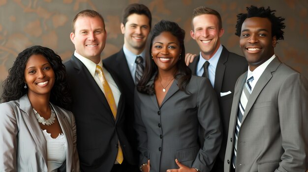 A group of five business professionals posed for a photo They are all smiling and wearing suits or formal business attire