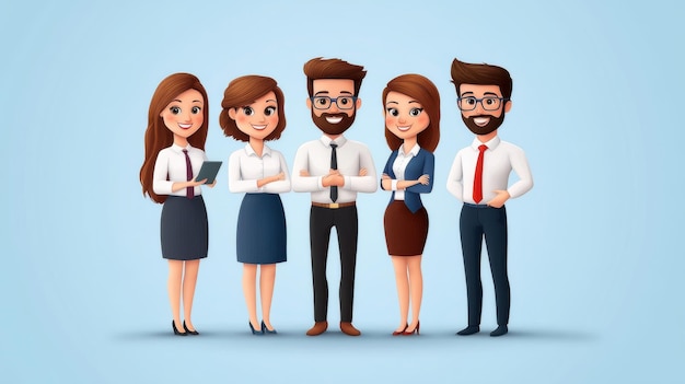 Photo a group of five cartoonstyle office workers standing confidently in business attire symbolizing teamwork professionalism and corporate culture