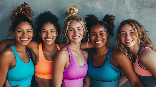 Group of five diverse young women in athletic wear smiling happily against a stylish gray wall showcasing friendship and fitness