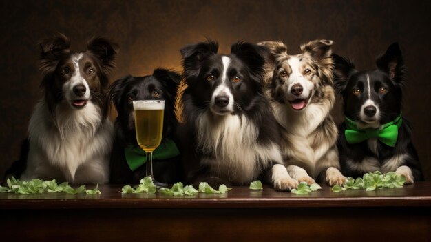 Photo a group of five dogs are sitting next to a glass with beer ai