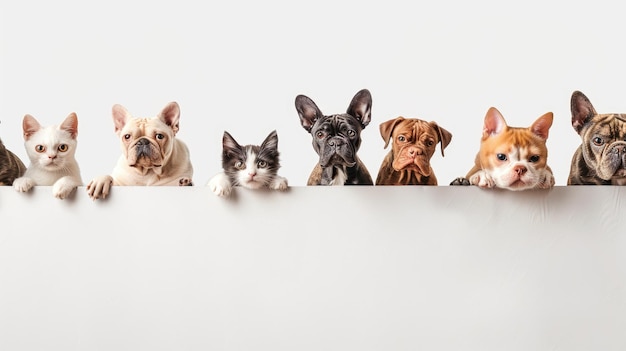 A group of five dogs and a cat look over a white surface their heads and paws visible