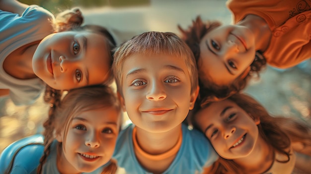 Group of five happy school children in a closeup portrait outdoors smile and pose for the camera