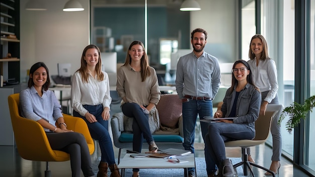 A Group of Five Smiling Professionals in a Modern Office Setting