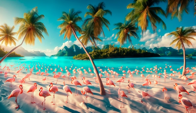 a group of flamingos are on the beach and the water is blue