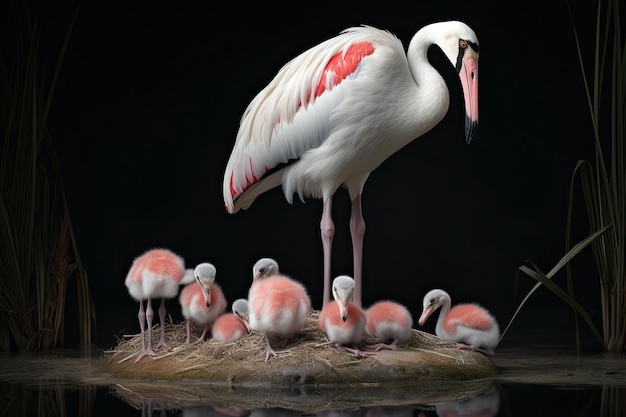 A group of flamingos and a white bird standing