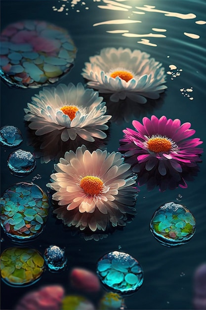 Group of flowers floating on top of a body of water generative ai