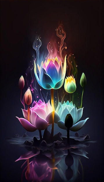 Group of flowers sitting on top of a body of water generative ai