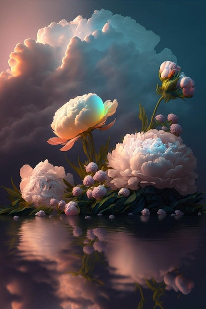 Group of flowers sitting on top of a lush green field generative ai