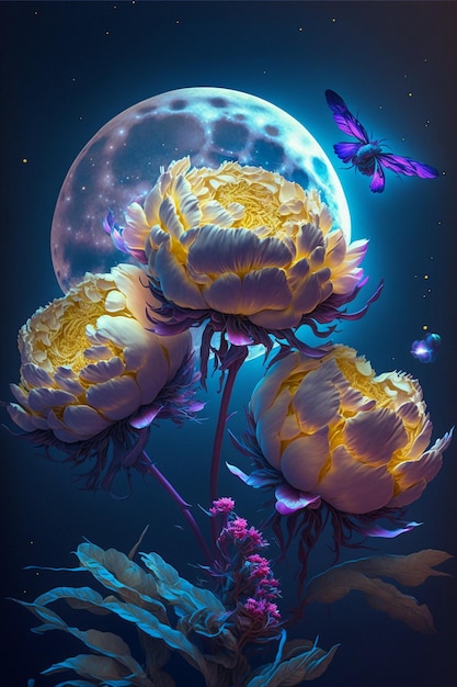 Group of flowers with a full moon in the background generative ai