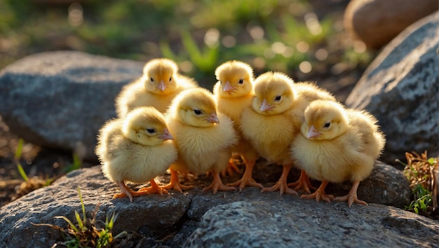 A group of fluffy yellow baby chicks standing on a rock