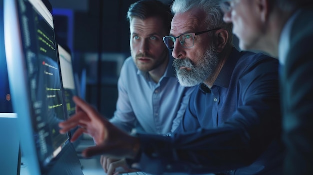 Photo group of focused professionals collaborating on computer screens in a dimlylit office emphasizing teamwork and hightech problem solving