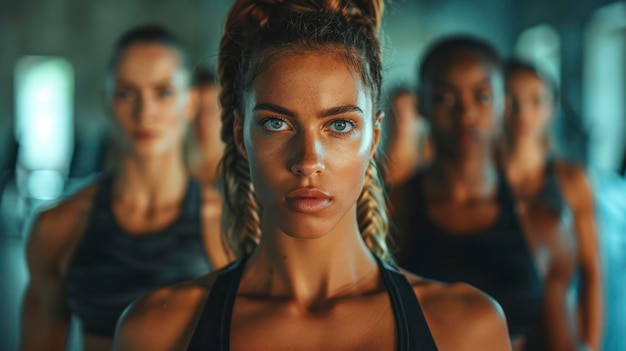 Group of focused women in a fitness class working out together with determination and strength in a