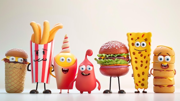 Photo a group of food including a cartoon character and a hamburger