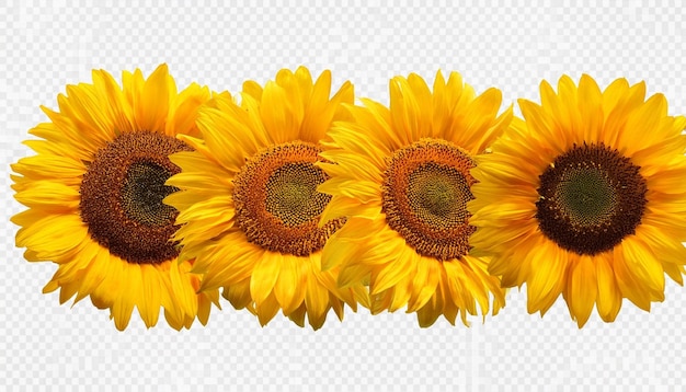 group of four bright yellow sunflowers isolated on transparent background