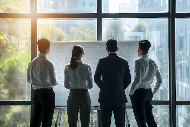 A group of four business people are standing in front of a whiteboard in a conference room They are