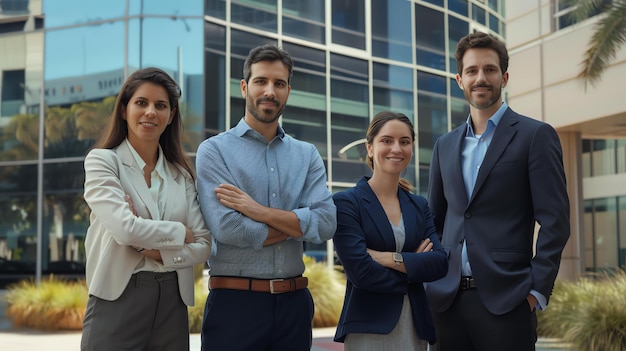 Group of four business professionals standing together and smiling at the camera They are all wearing formal business attire