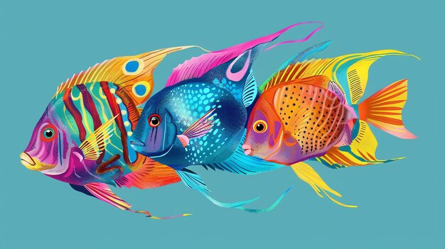 Photo a group of four colorful fish swimming in a turquoise blue water