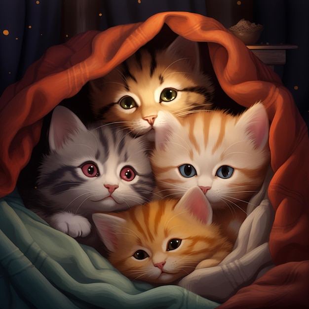 Group of Four Cute Kittens Under a Red Blanket Potrait