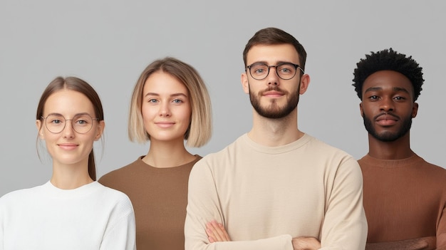 Photo a group of four diverse people two women and two men standing together in front of a gray bac