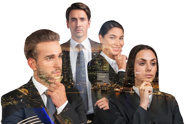 Group of four dreaming business people consultants in suits hand on chin Asia corporate lifestyle multinational diverse young professionals Night Singapore city view Double exposure