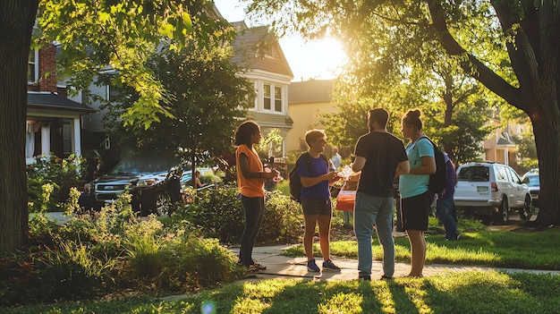 A group of four friends chatting on a sunny summer day