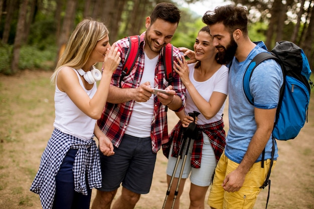 Group of four friends hiking together through a forest