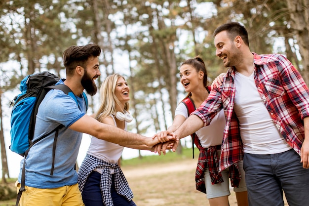 Group of four friends hiking together through a forest