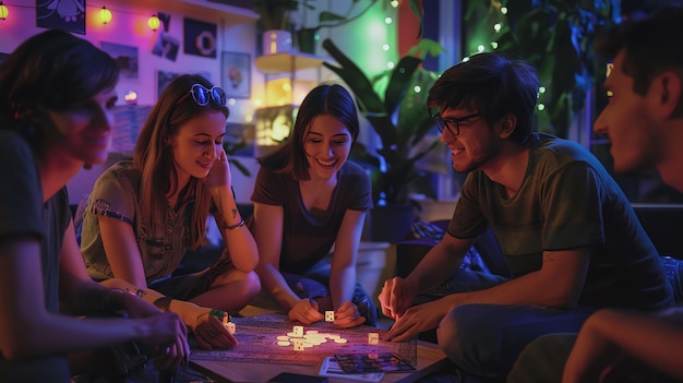 A group of four friends play a board game together in a brightly lit room laughing and enjoying each others company