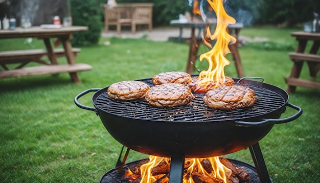 A group of four hamburgers are being cooked on a grill