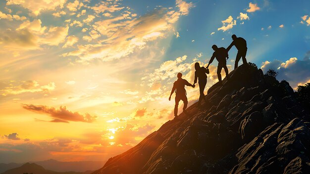 A group of four people are climbing a mountain They are all wearing backpacks and are holding hands to help each other up the steep slope