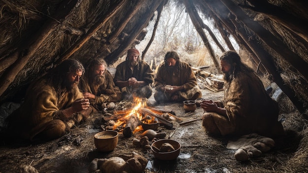 Photo a group of four prehistoric people sit around a fire in a primitive shelter preparing food