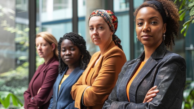 A group of four professional women standing with arms crossed in front of an office building