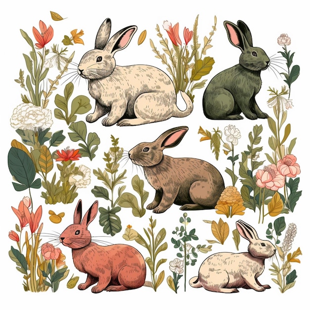 a group of four rabbits sitting in a field of flowers generative ai