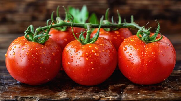 Group of four tomatoes neatly arranged on a wooden table