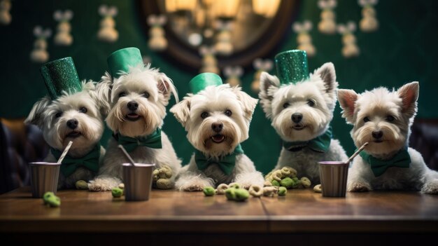 Photo a group of four white dogs wearing hats and green ties ai