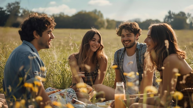 A group of four young adults laugh and chat during a picnic in a field