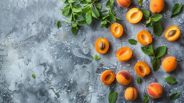 Photo group of fresh apricots with leaves on table