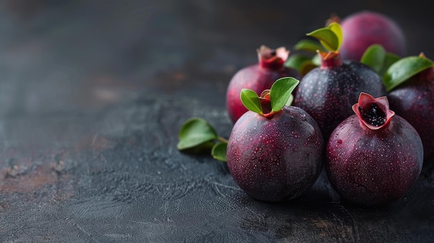 Photo a group of fresh purple mangosteen fruits with green leaves arranged on a dark textured background highlighting their vibrant color