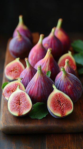 Photo a group of fresh whole figs along with sliced figs are displayed on a rustic wooden surface