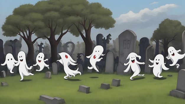 A group of friendly cartoon ghosts playing tag in a graveyard white ghost in Halloween