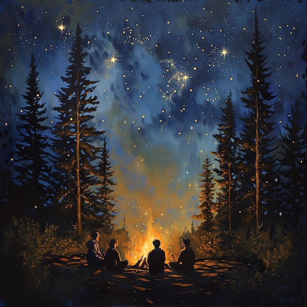 A group of friends are camping in the wilderness They have built a campfire and are sitting around it talking and laughing The sky is full of stars