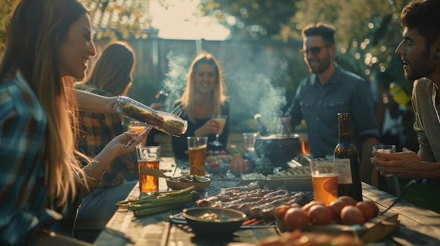 Group of friends are enjoying food and drinks at a barbecue party in a garden